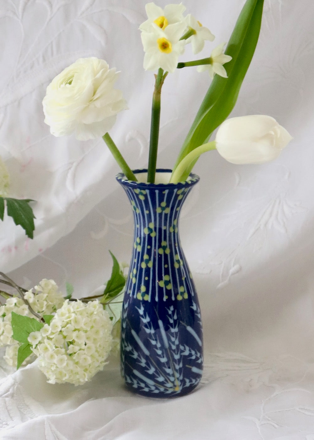 Bud Vase - Midnight Blue with Pale Blue fronds & Lime Dots