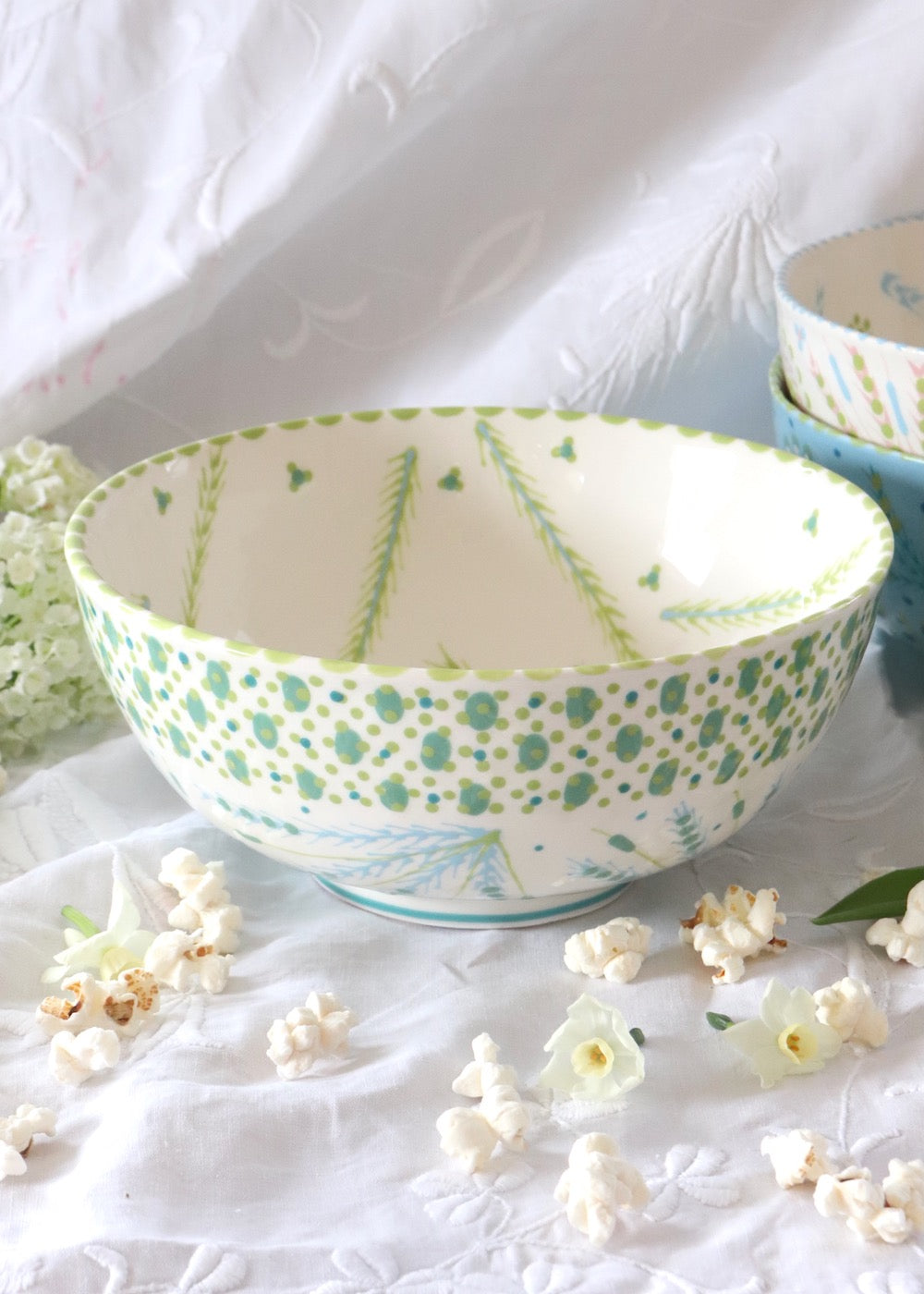 Fruit Bowl - White with Teal & Pale Blue