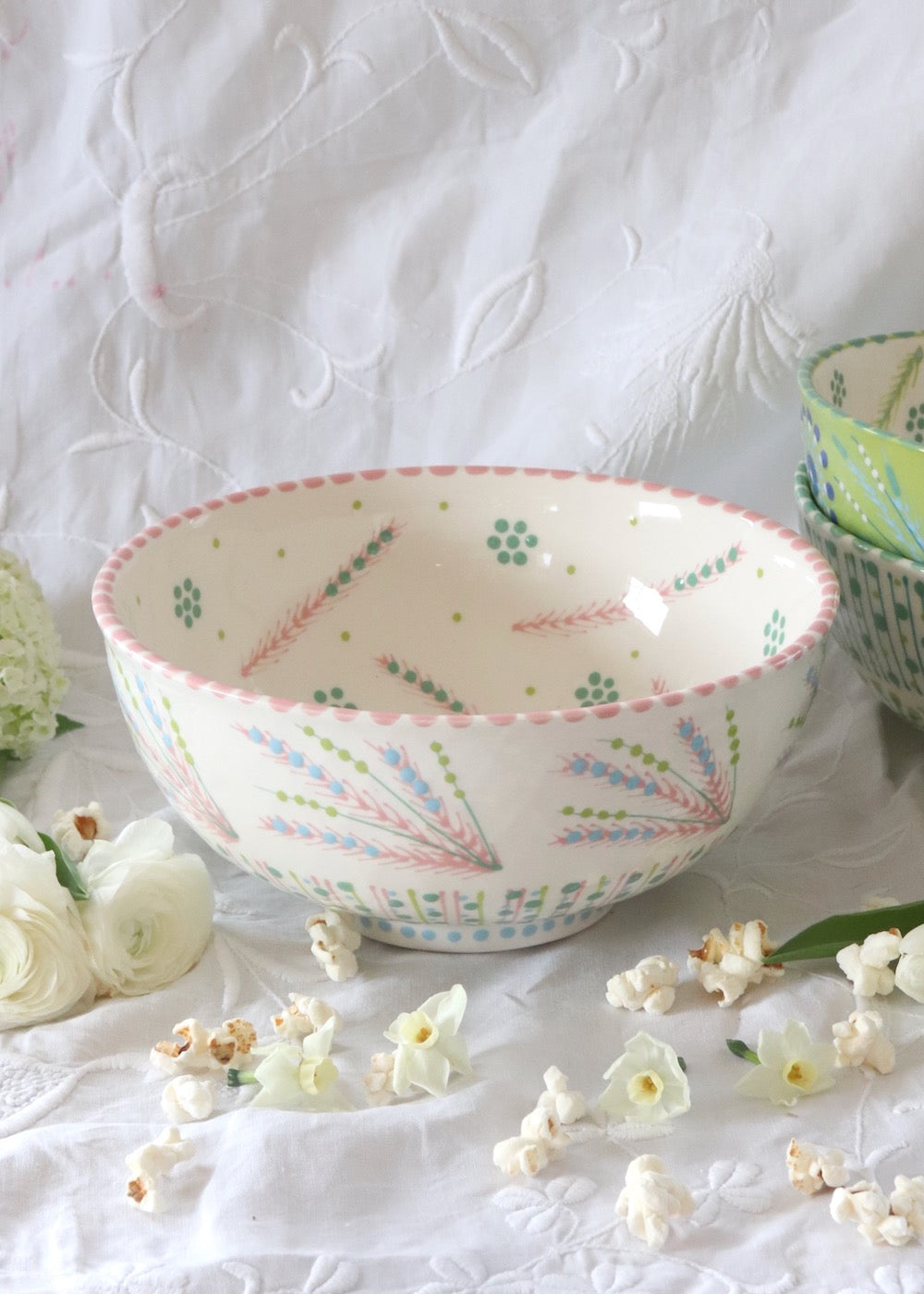 Fruit Bowl - White with Pink Fronds