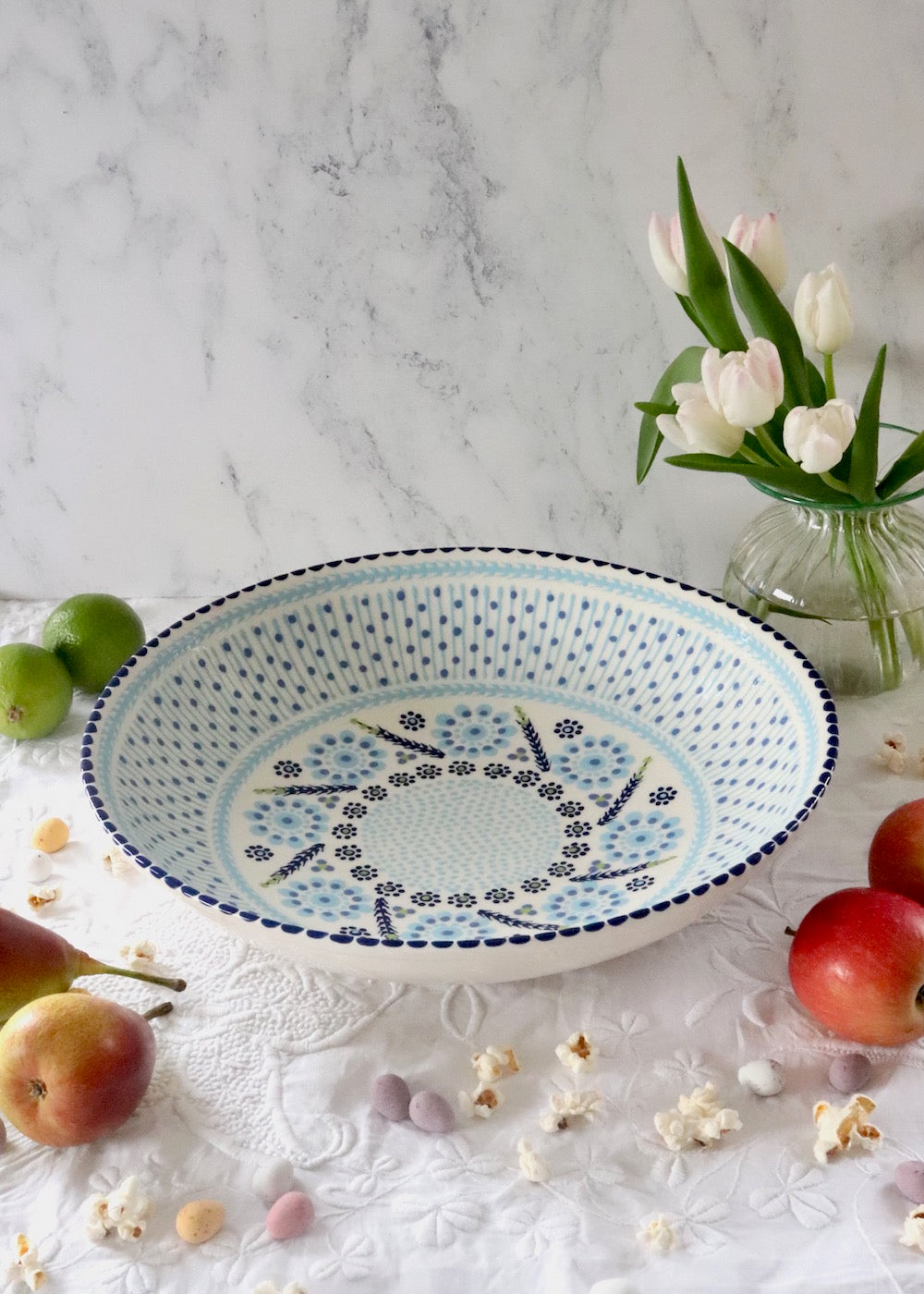 Olivia Fruit Bowl - White with Blue Fronds