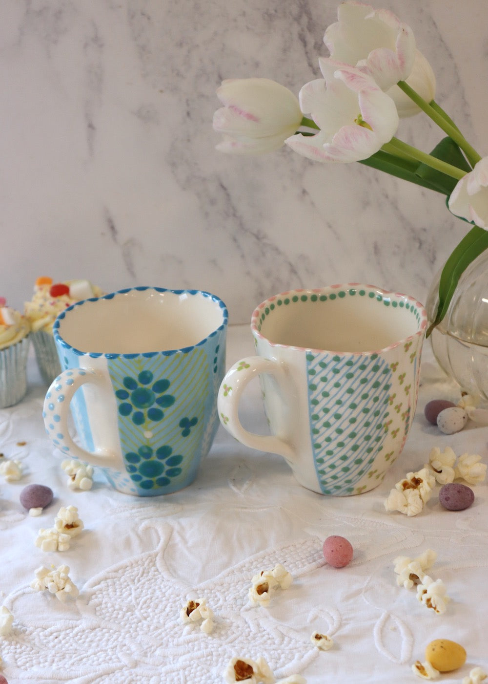 Pair of Waterlily Mugs - Pale Blue & White & Pink
