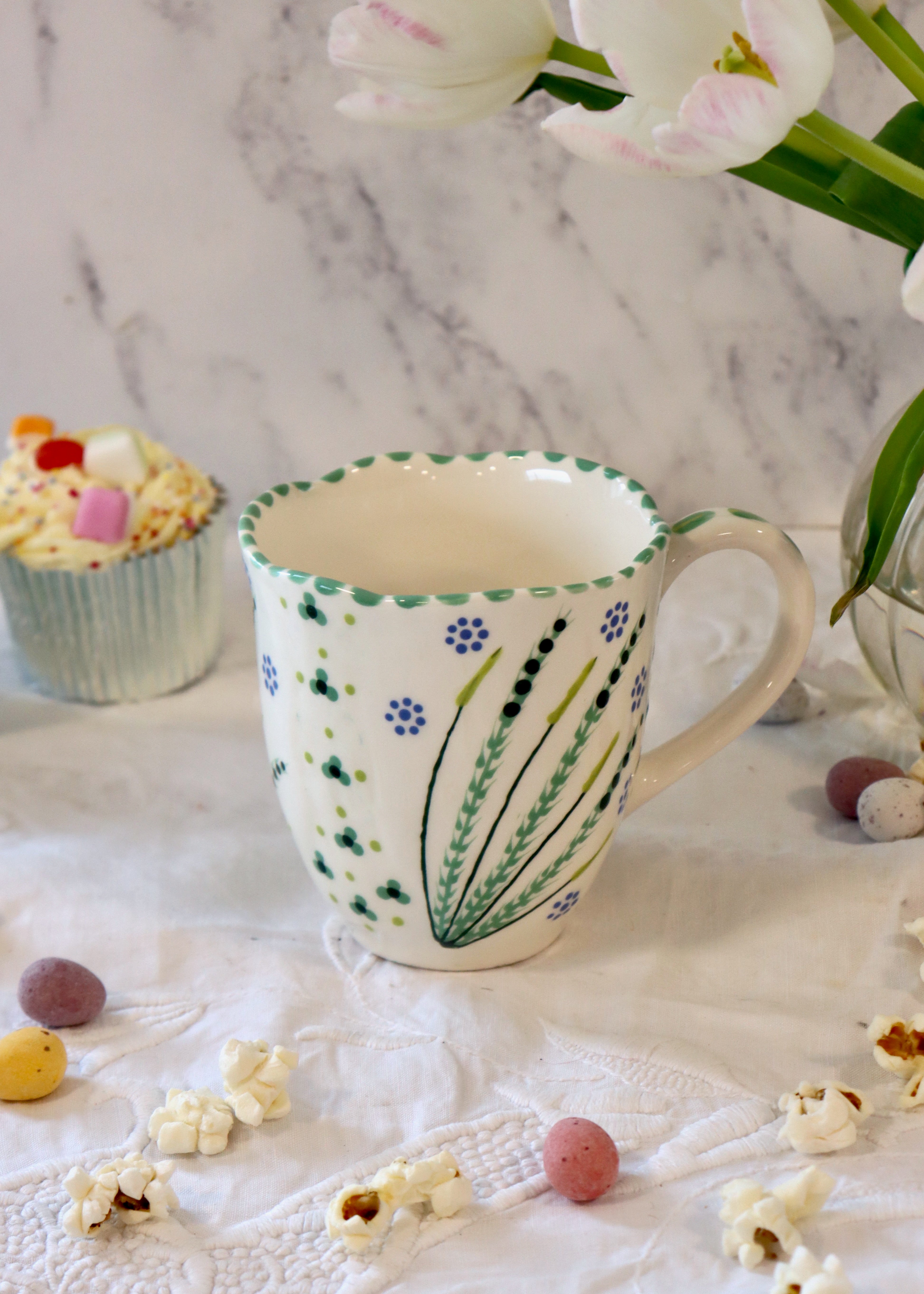 Waterlily Mug - White with Teal Rushes