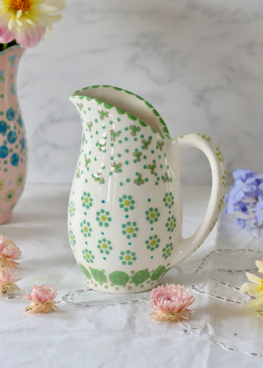 Plump Jug White with Teal Flowers