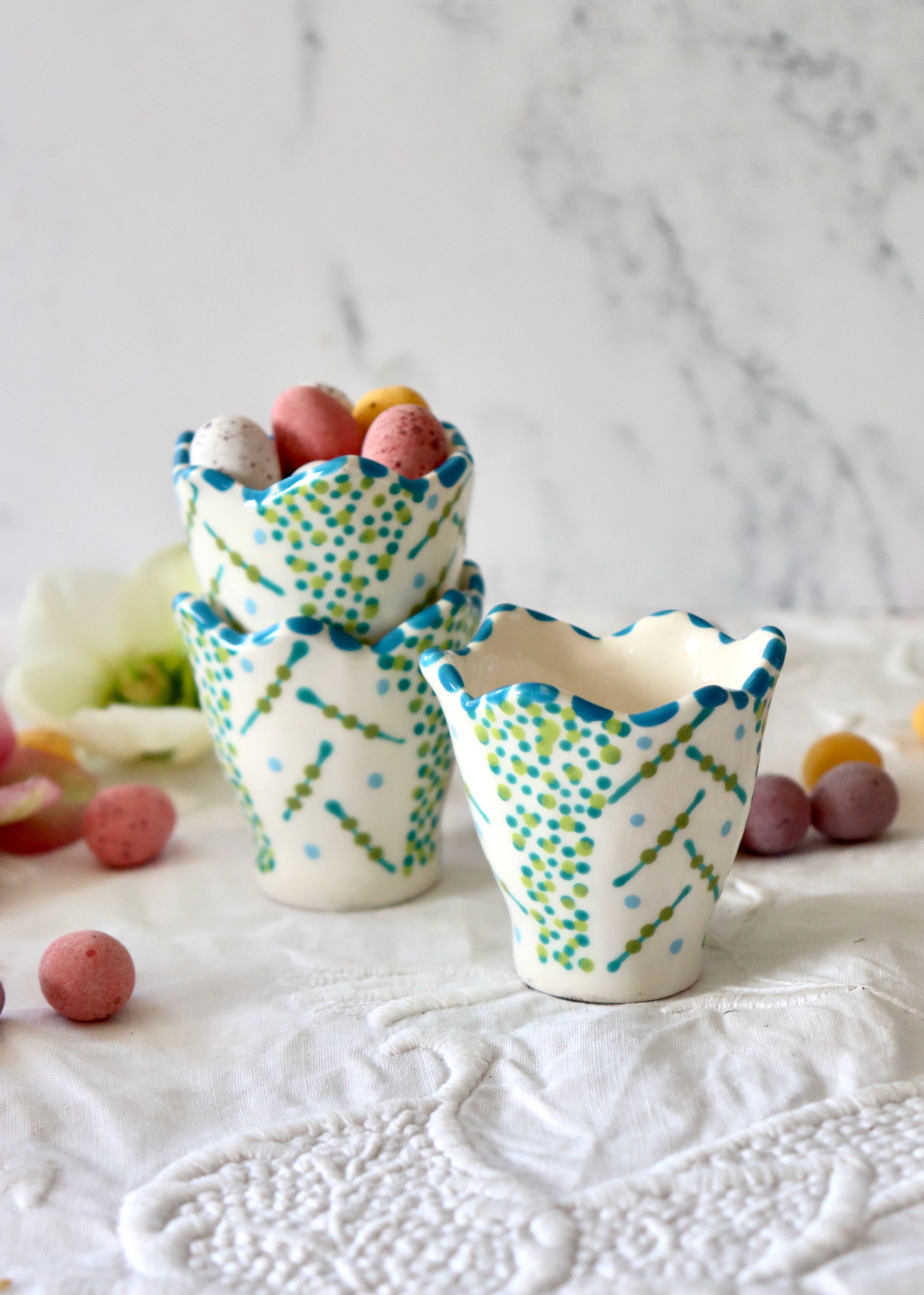 Everyday Egg Cup - White with Teal Dots