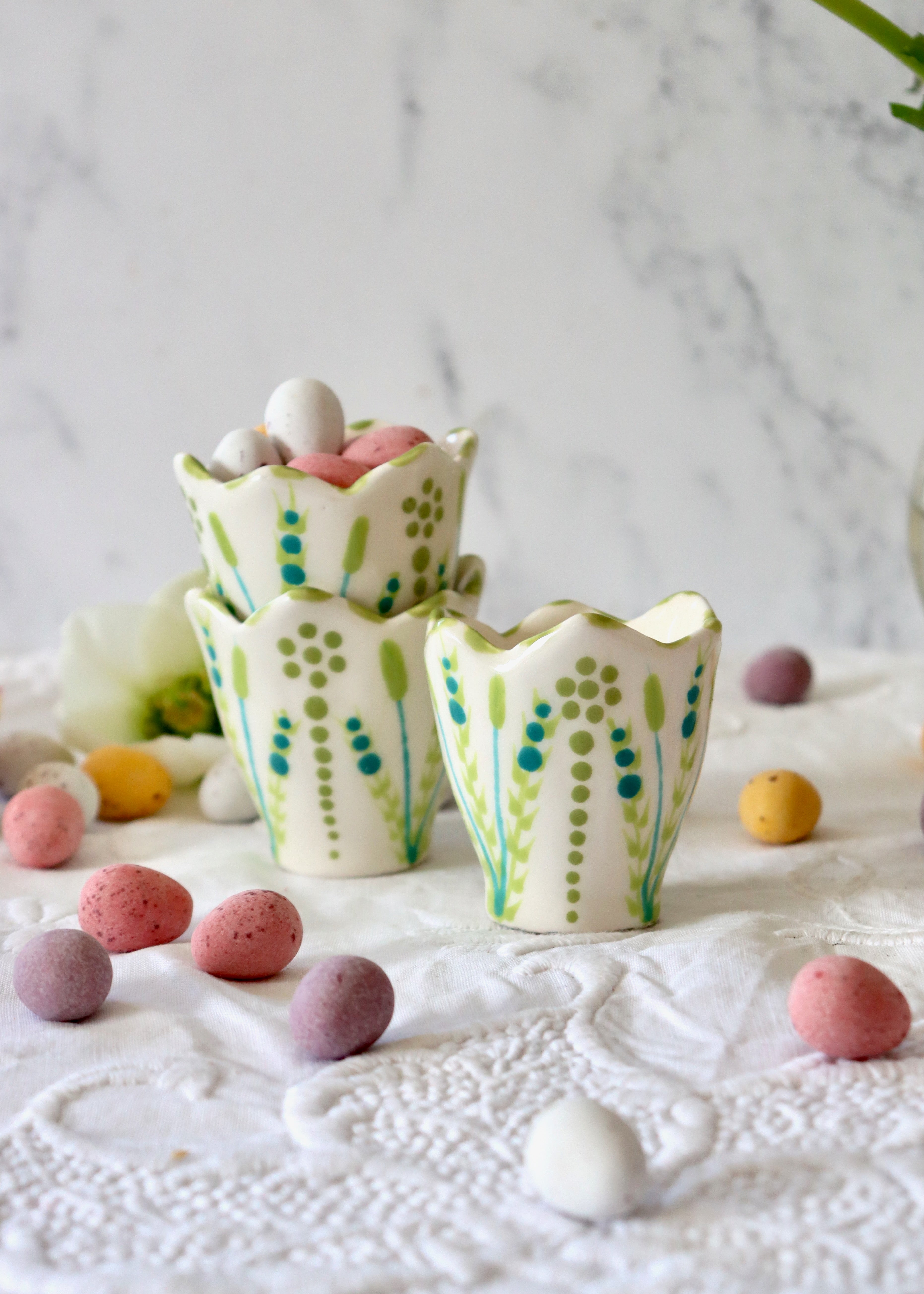 Everyday Egg Cup - White with Teal, Lime & Olive