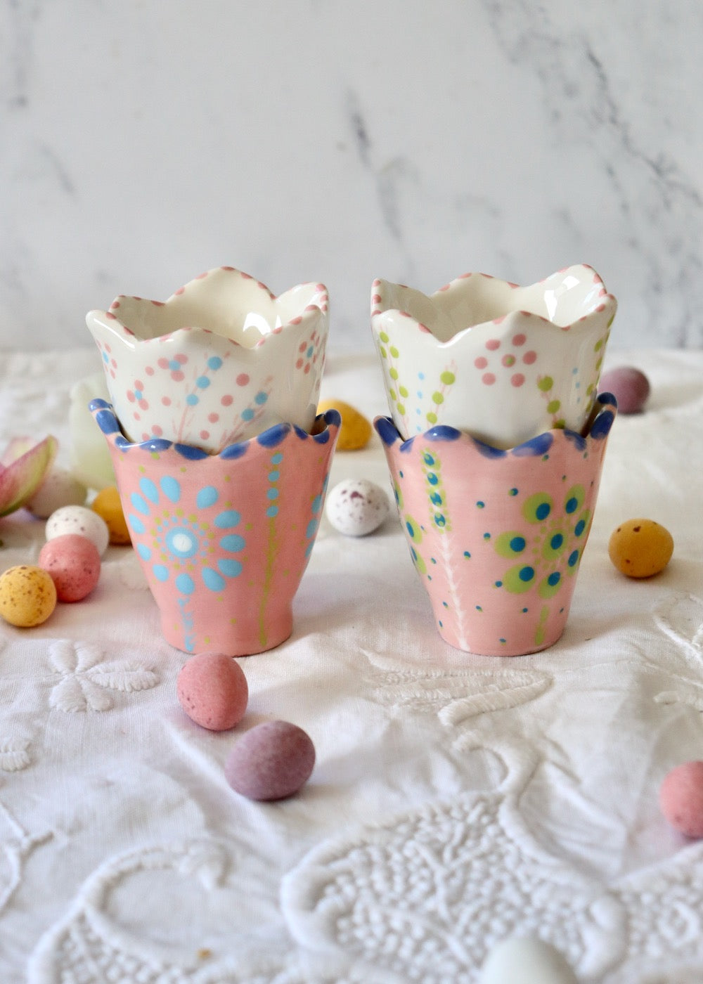 Eggs Cups Set Of 4 White & Pink