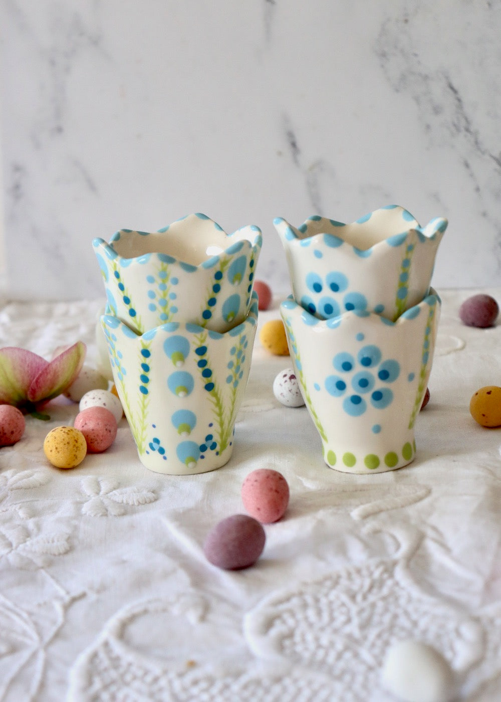 Egg Cups Set Of 4 White & Blue