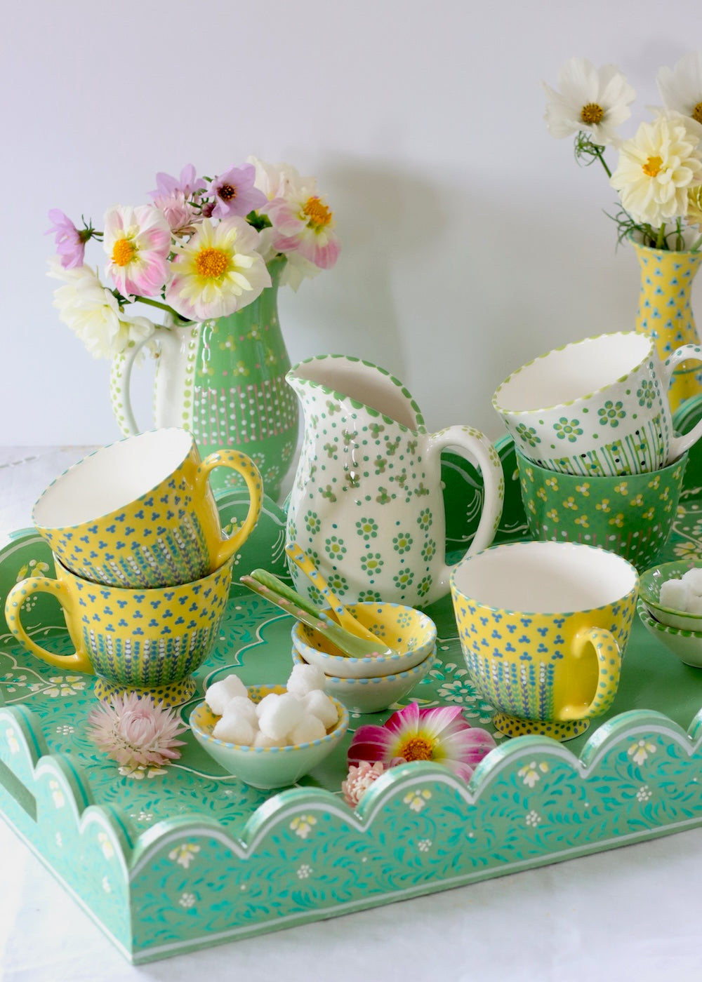 Plump Jug White with Teal Flowers