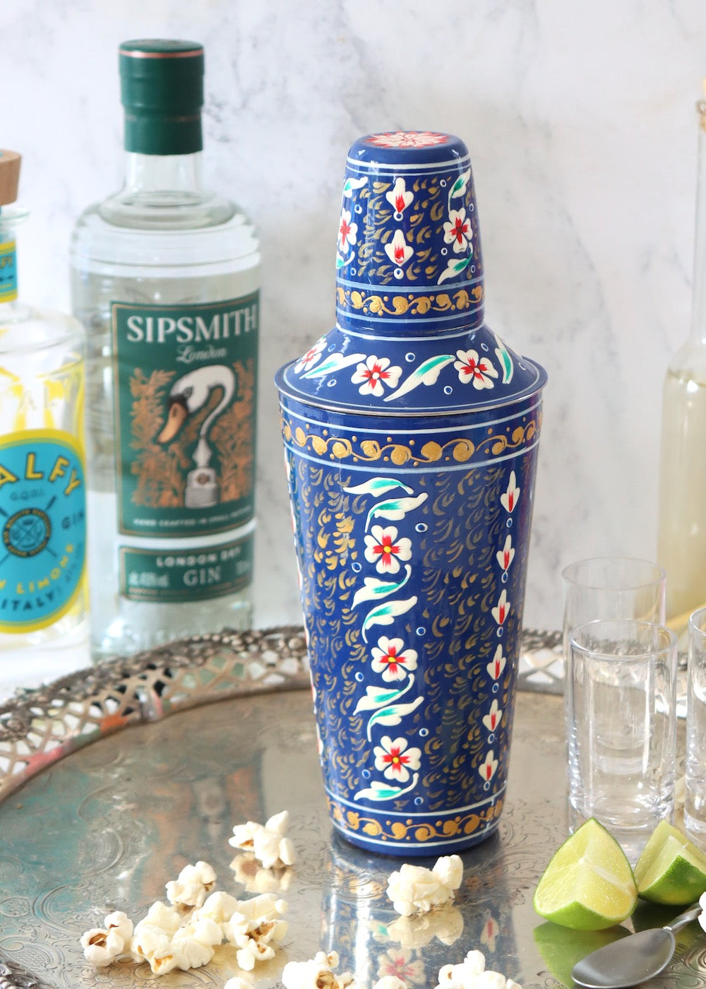 NEW: Cocktail Shaker - Deep Blue with White Flowers