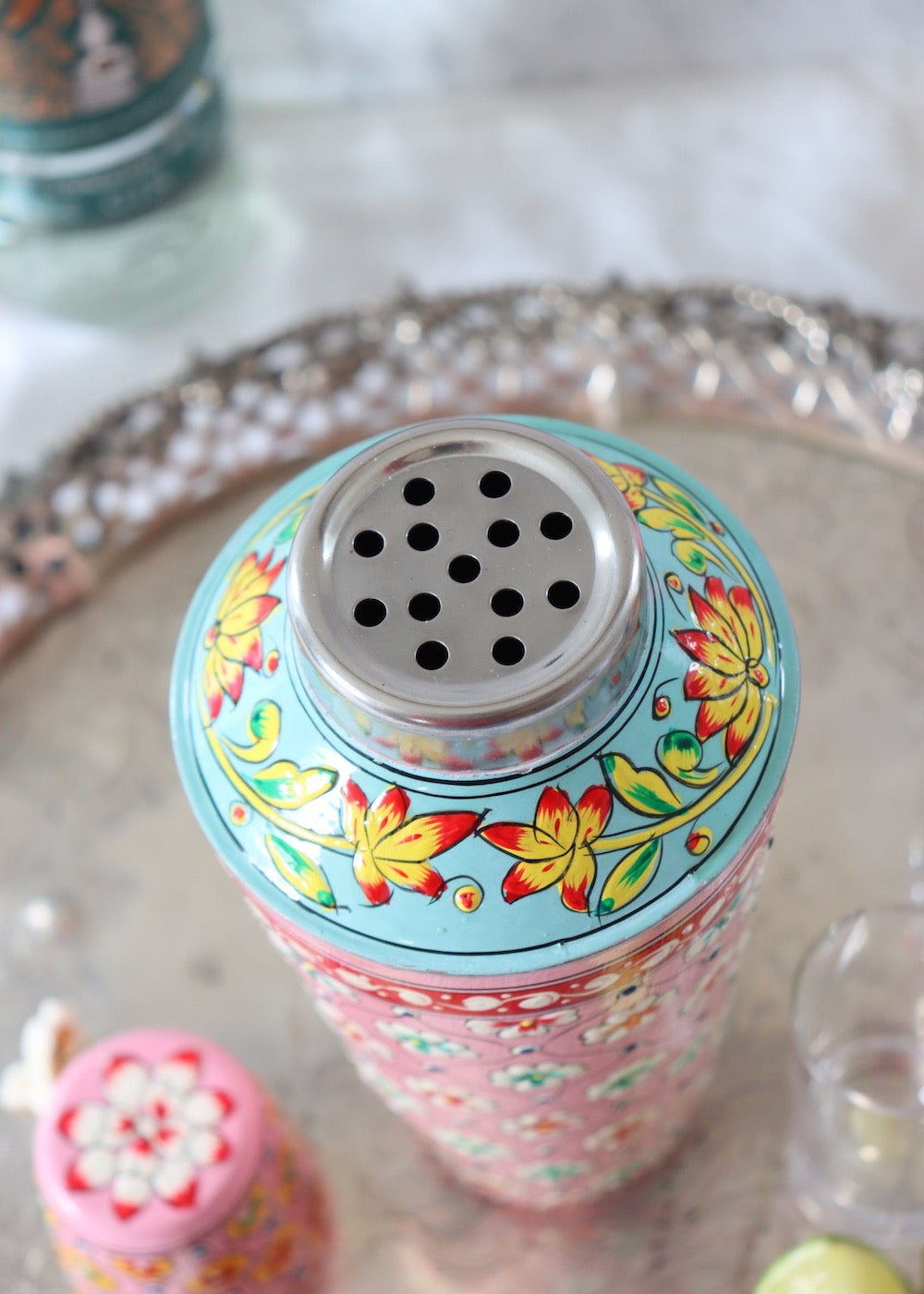 NEW: Cocktail Shaker - Pink with Red & Green Flowers