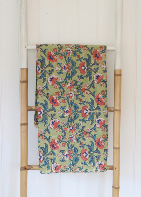 Block Print Voile Fabric - Green with Pink Flowers