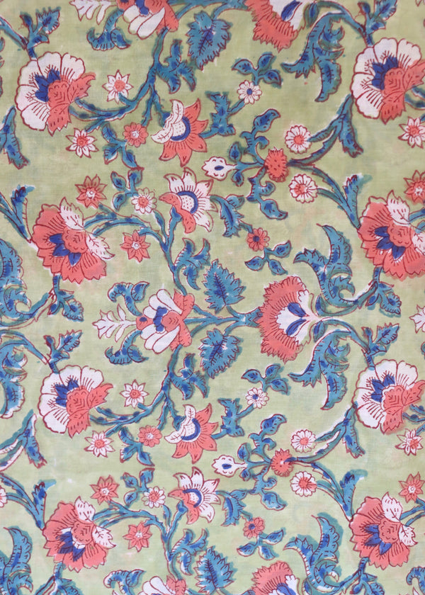 Block Print Voile Fabric - Green with Pink Flowers