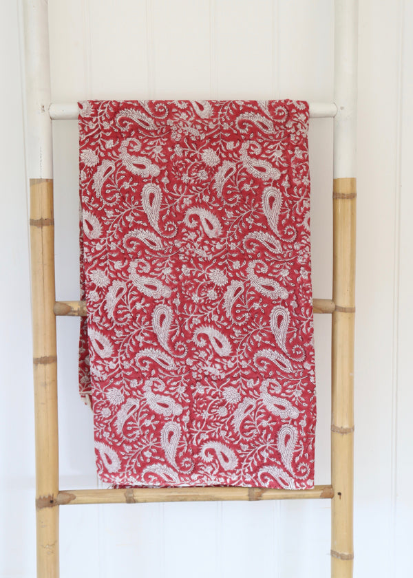 Block Print Voile Fabric - Raspberry Red Paisley