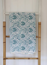 Block Print Voile Fabric - White and Turquoise Floral