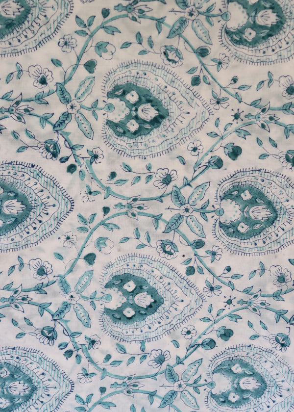 Block Print Voile Fabric - White and Turquoise Floral