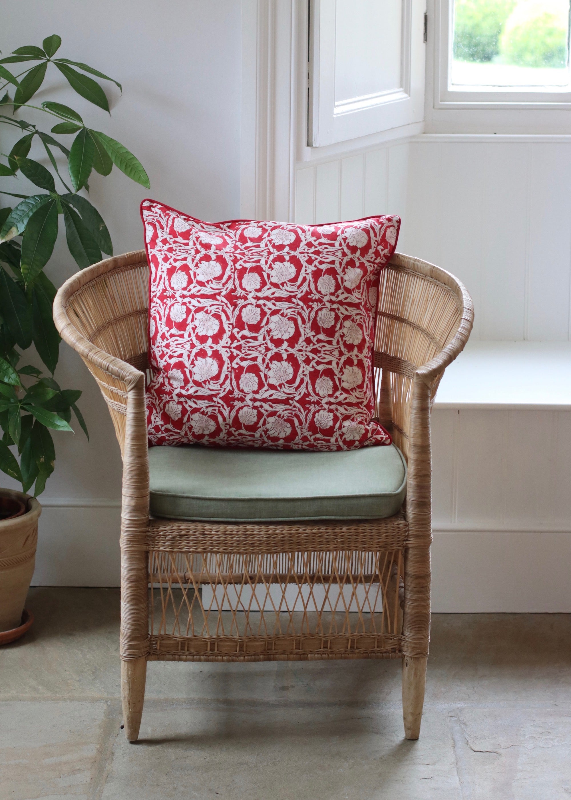 Block Print Cushion Cover - Red Flowers