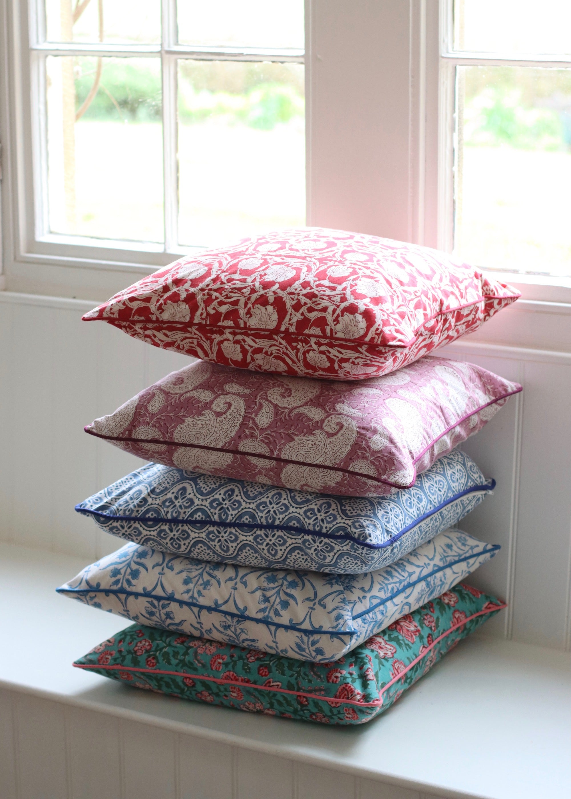 Block Print Cushion Cover - Teal and Pink Floral
