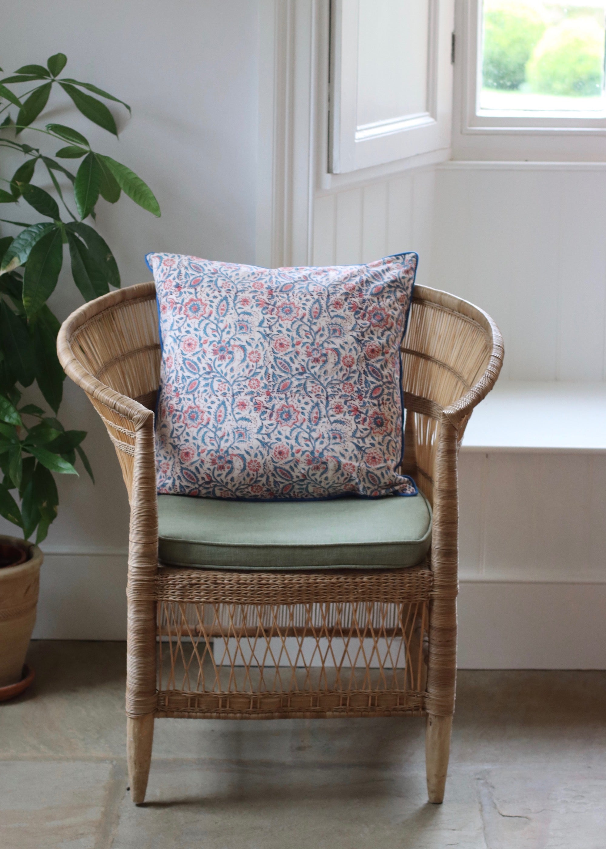 Block Print Cushion Cover - White with Pink and Blue