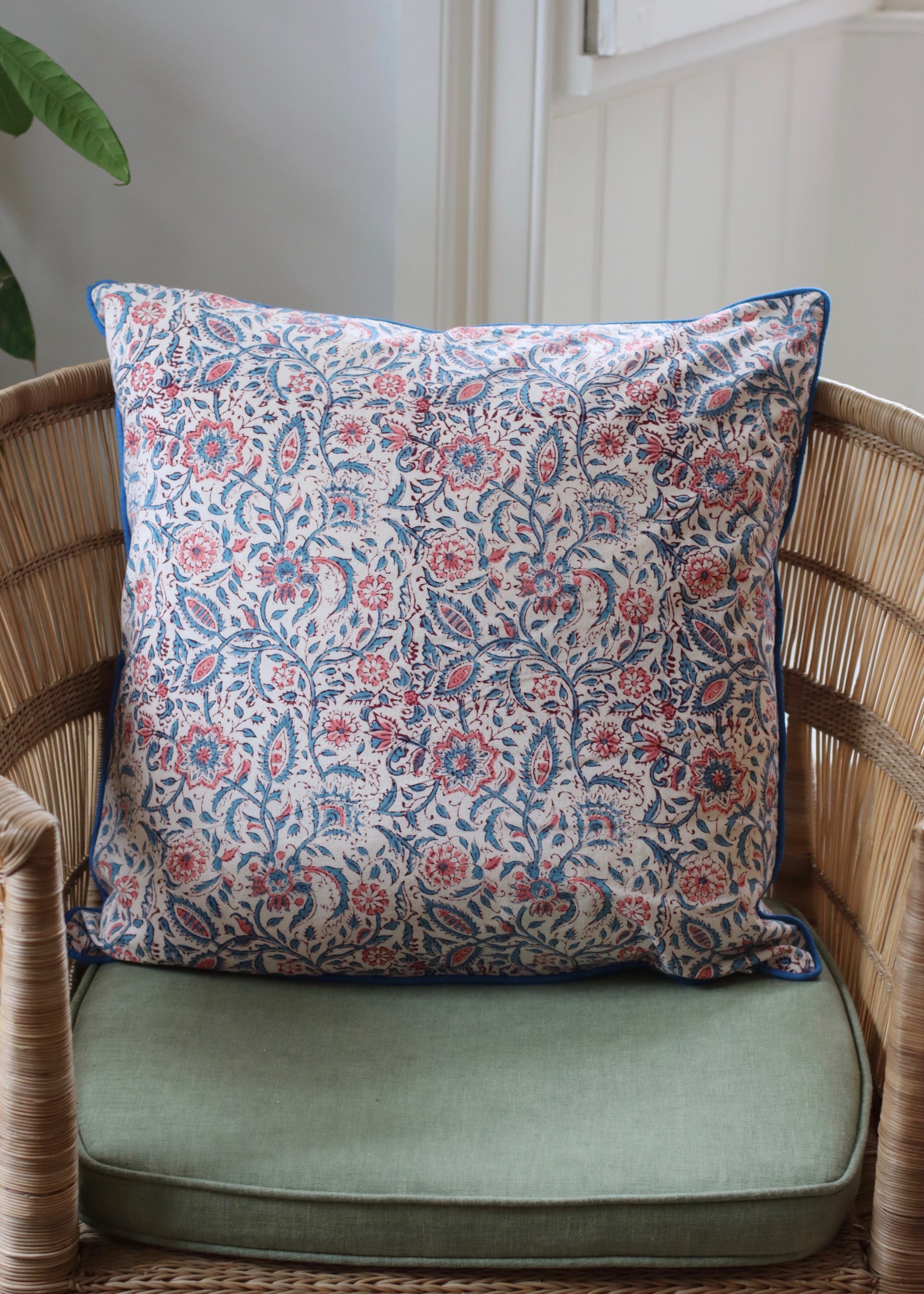 Block Print Cushion Cover - White with Pink and Blue