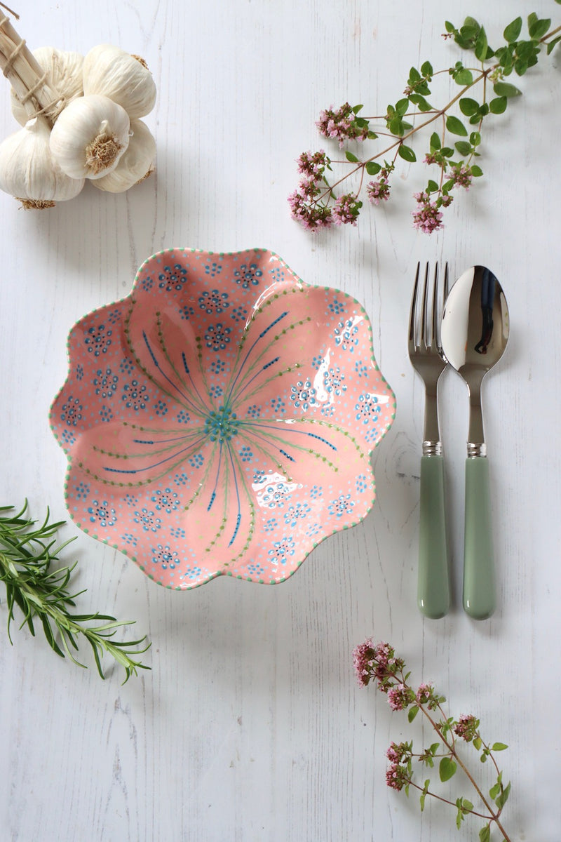 Pasta Bowl - Pink with Blue Flowers