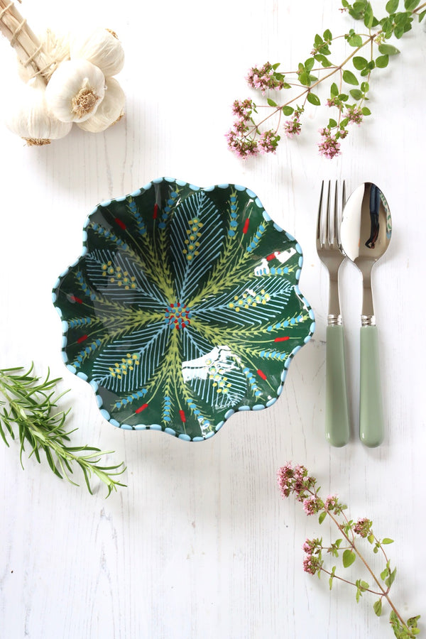 Pasta Bowl - Dark Green with Yellow and Red
