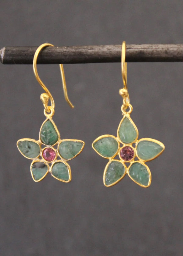Emerald, Tourmaline & Gold Vermeil Flower Drop Earrings