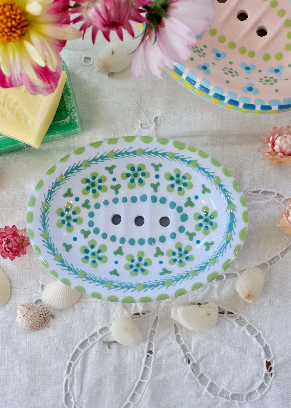 Soap Dish White, Lime & Teal