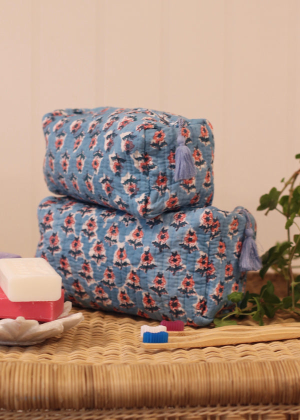 Wash Bag - Blue with Pink Flowers