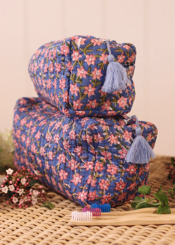 Wash Bag - Blue with Red flowers