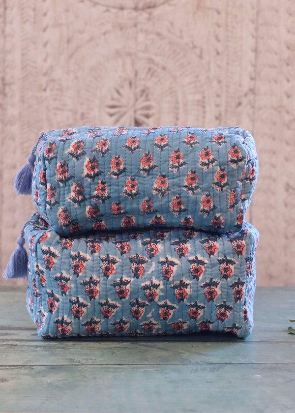 Wash Bag - Blue with Pink Flowers