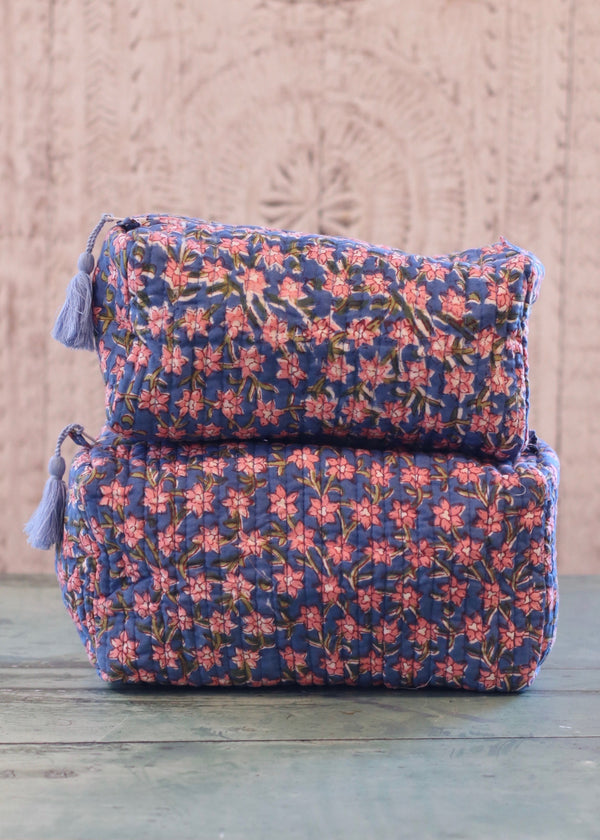 Wash Bag - Blue with Red flowers