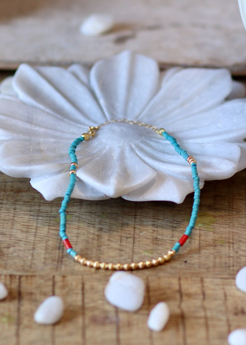 Bali Turquoise and Coral Stone Beaded Necklace