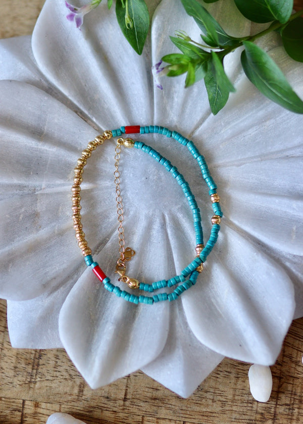 Bali Turquoise and Coral Stone Beaded Necklace