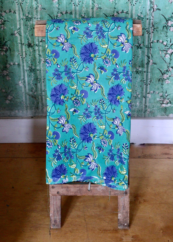 Block Print Fabric - Summer Teal with Blue Flowers