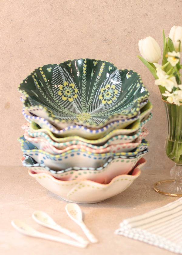 Pasta Bowl - Dark Green and Yellow flowers