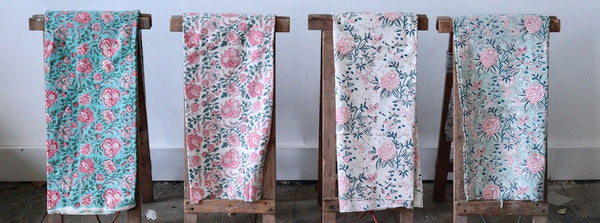 Block Print Fabric - Pale Pink Flower on Soft White