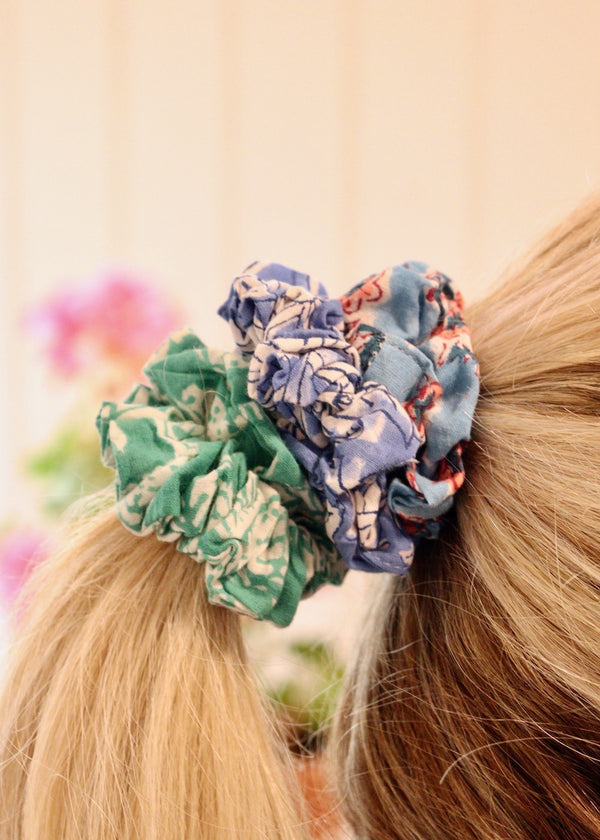 Fabric Hair Scrunchies- Set Of 3 Blue & Green Scrunchies