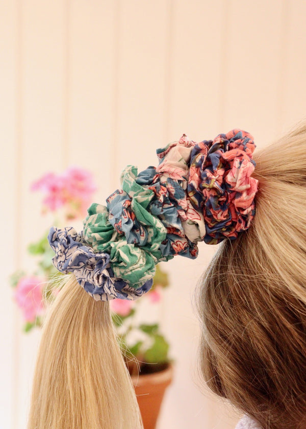 The Whole Set Fabric Hair Scrunchies- Set Of 10 Blue Green & Pink Scrunchies