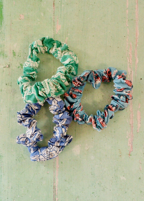 Fabric Hair Scrunchies- Set Of 3 Blue & Green Scrunchies