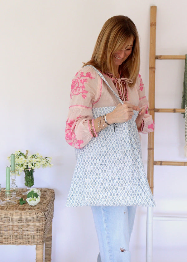 Block Printed Cotton Tote Bag - Teal Cotton Flower