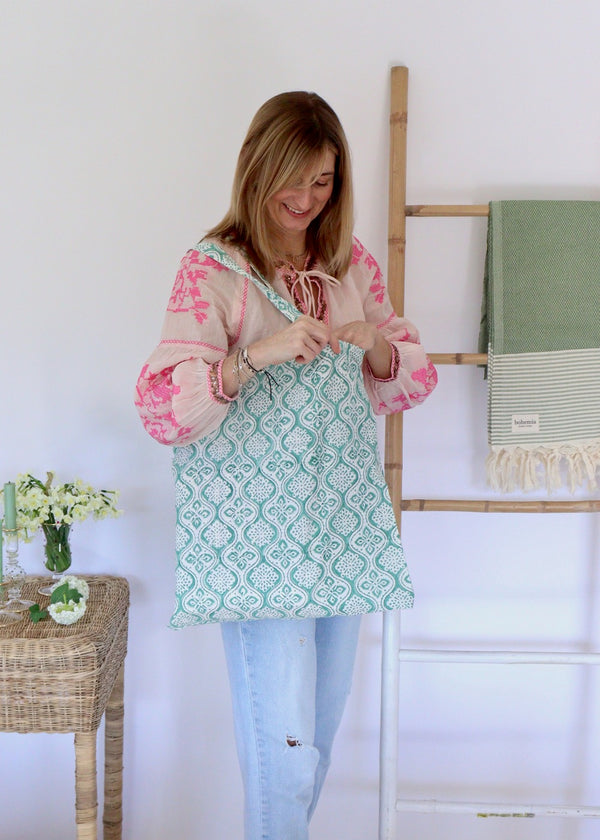 Block Printed Cotton Tote Bag - Green Retro