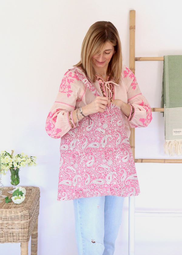 Block Printed Cotton Tote Bag - Pink Paisly