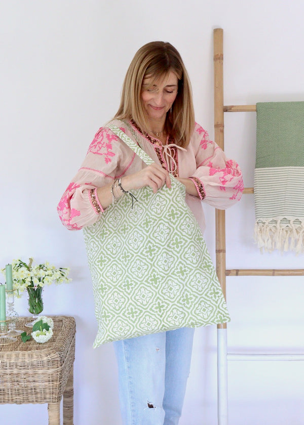 Block Printed Cotton Tote Bag - Olive Trellis