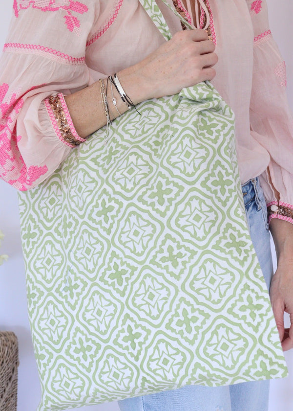 Block Printed Cotton Tote Bag - Olive Trellis