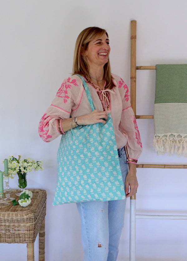 Block Printed Cotton Tote Bag - Turquoise Flower