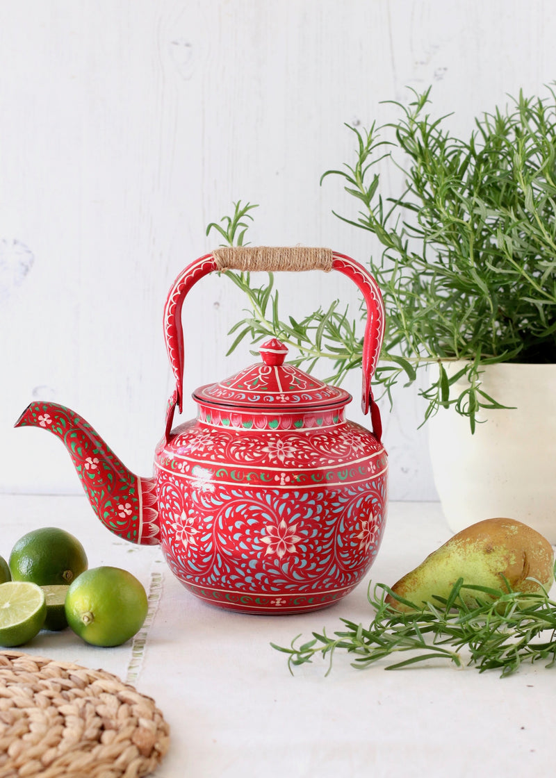 Large Hand Painted Teapot: Red Floral