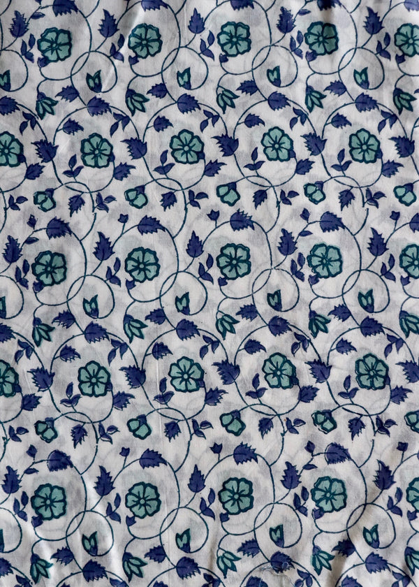 Block Print Voile Fabric - White and Blue Floral