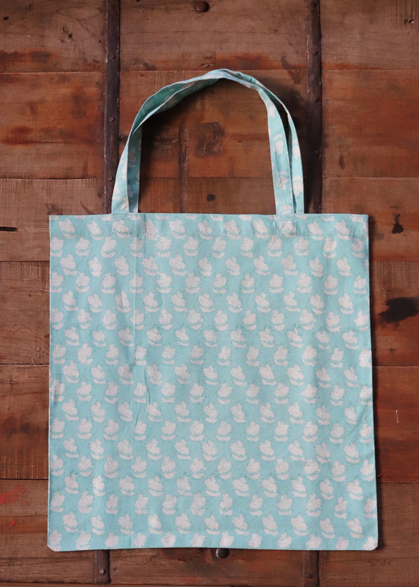 Block Printed Cotton Tote Bag - Turquoise Flower