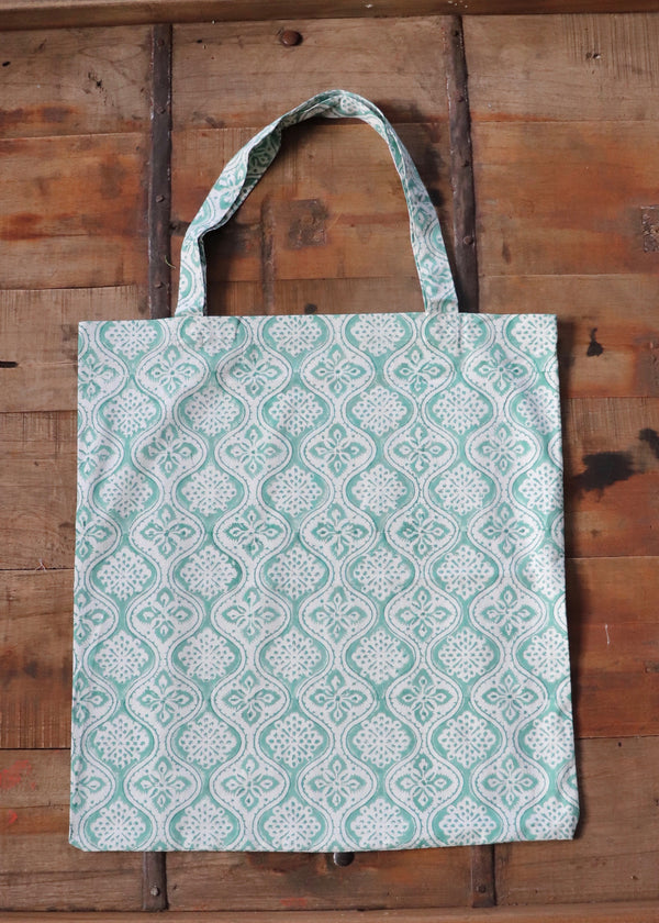 Block Printed Cotton Tote Bag - Green Retro