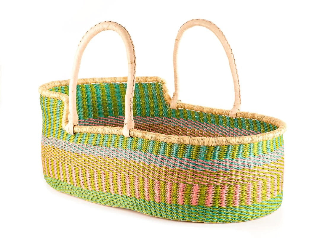 Moses Basket - Green and Pink